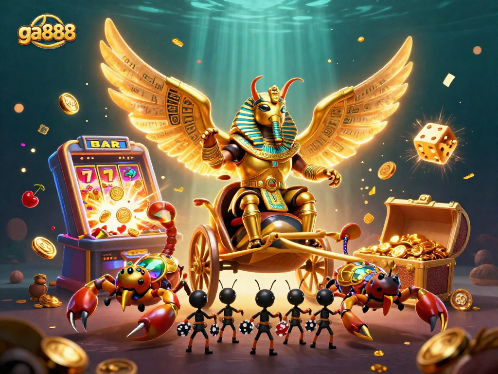 Experience the excitement of ga888 with dazzling casino elements and bold characters in a vibrant 3D illustration.