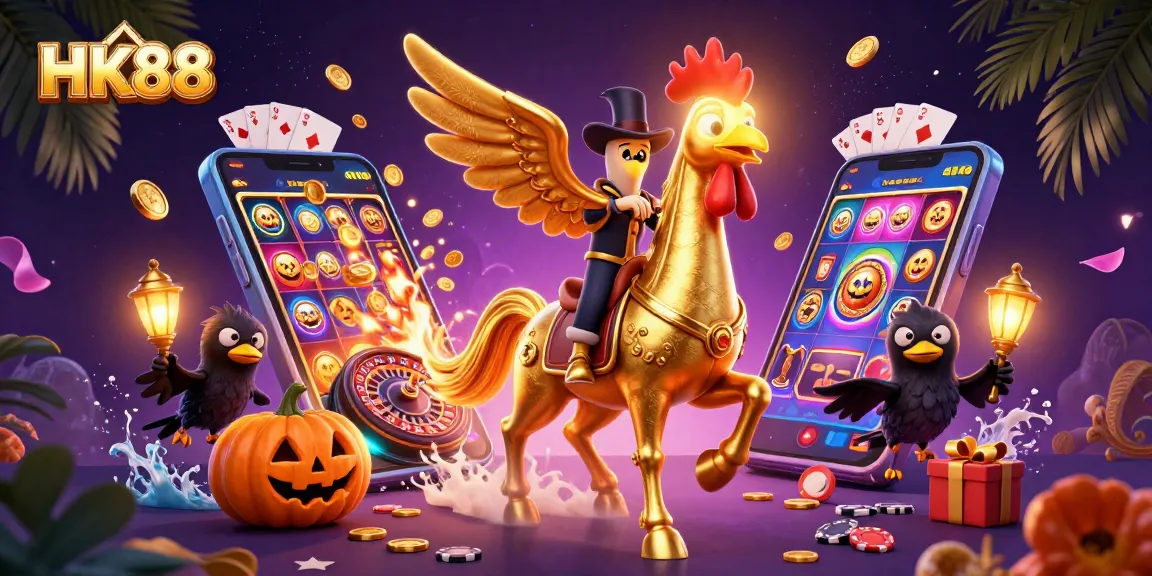HK88 highlights thrilling gaming action in a vibrant casino scene with golden rooster and festive elements.
