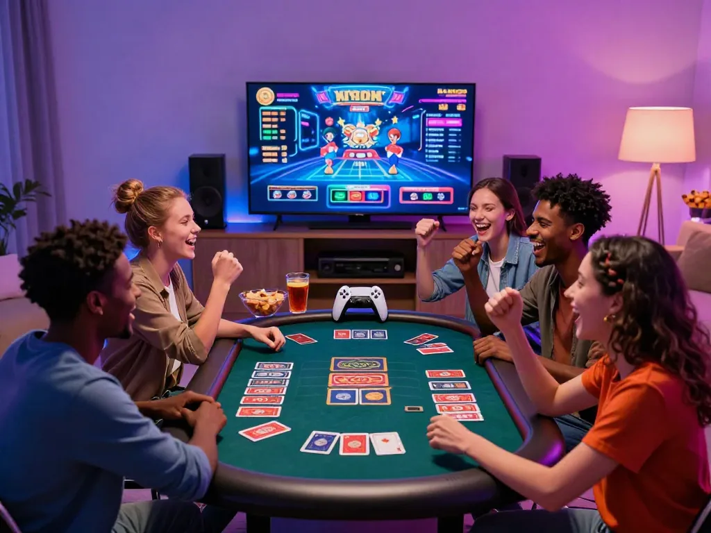 Young adults enjoying a fun gaming night with credit card casino theme, showcasing a lively atmosphere.