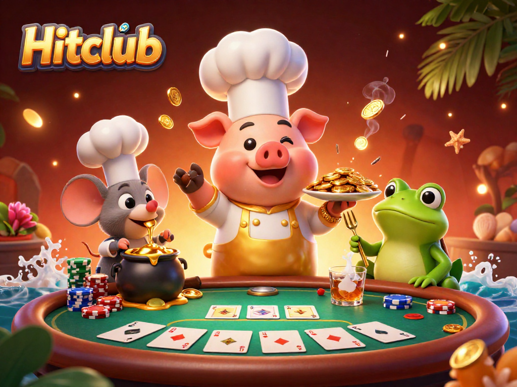 Experience the thrill at Hitclub with a vibrant 3D casino scene featuring a chef pig and poker action.