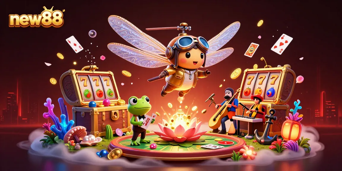 Experience new88's thrilling casino action with a vibrant 3D illustration of a dragonfly pilot and frog croupier