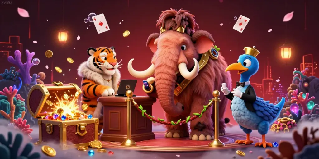 Experience the excitement at SV388 with a dynamic 3D illustration of a woolly mammoth bouncer and VIP guests in a luxurious casino setting.