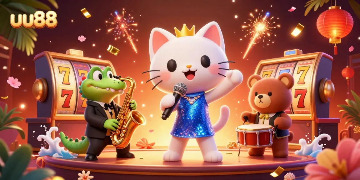 Engage with UU88's exciting casino experience featuring vibrant slot games and lively characters.