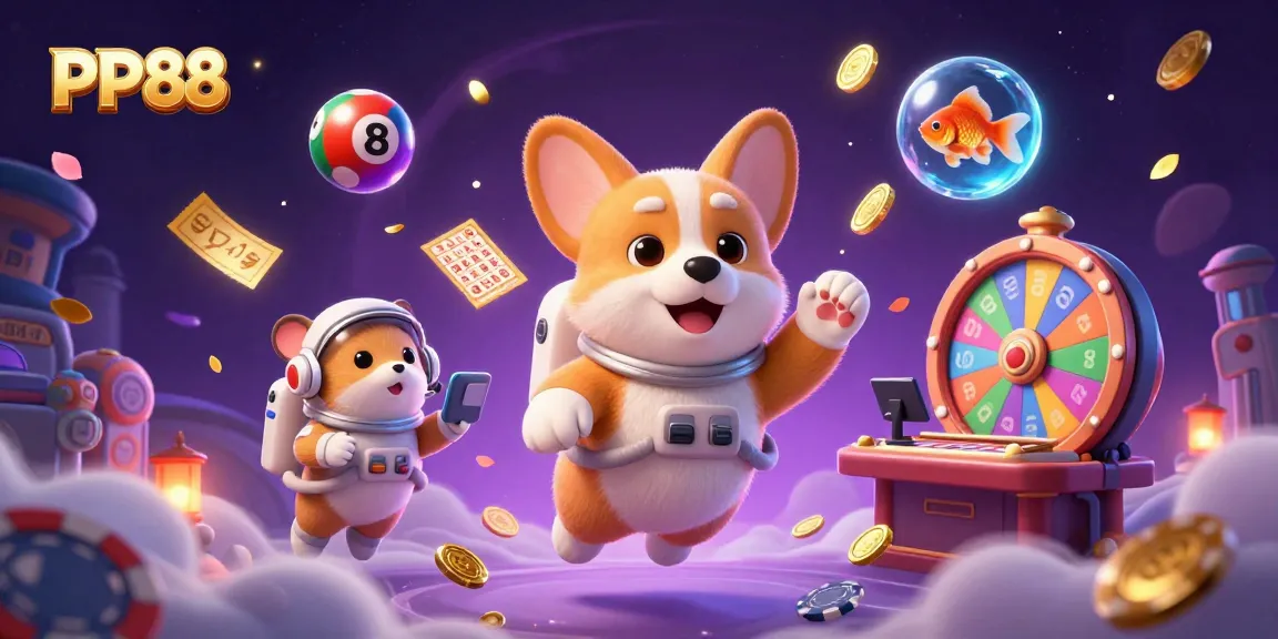 Experience gaming excitement at PP88 with dynamic floating elements in a vibrant casino scene.