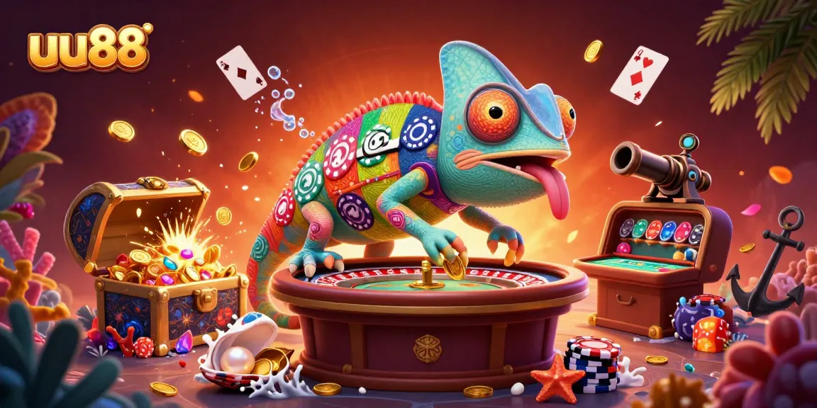 Experience thrilling gaming at uu88 as the chameleon owner captures coins in a vibrant casino.