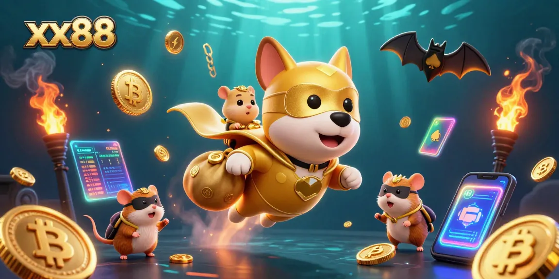 Experience thrilling gaming action with xx88 in a vibrant 3D illustration of a superhero dog and hamster.
