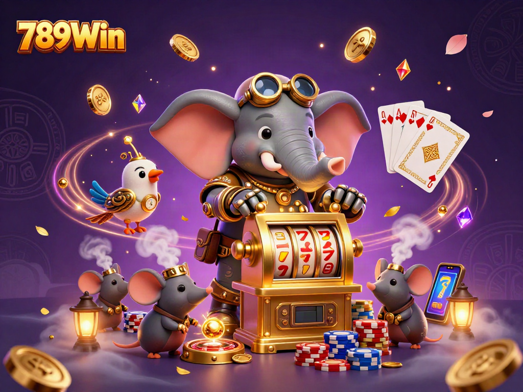 Experience thrilling gameplay with 789Win's vibrant casino scene featuring a whimsical elephant engineer.
