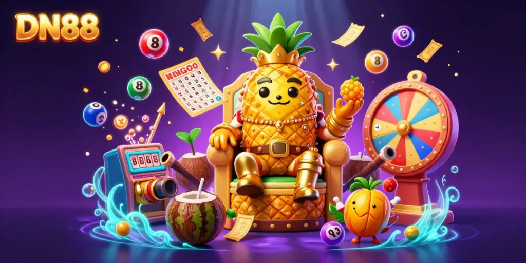 DN88 showcases a vibrant beach casino scene with a golden pineapple king and dynamic gambling elements.