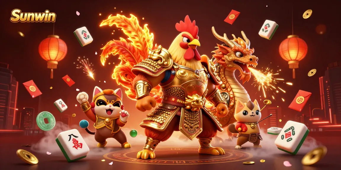Experience the thrill at Sunwin with this captivating illustration of a warrior rooster and dragon amidst dynamic casino elements.