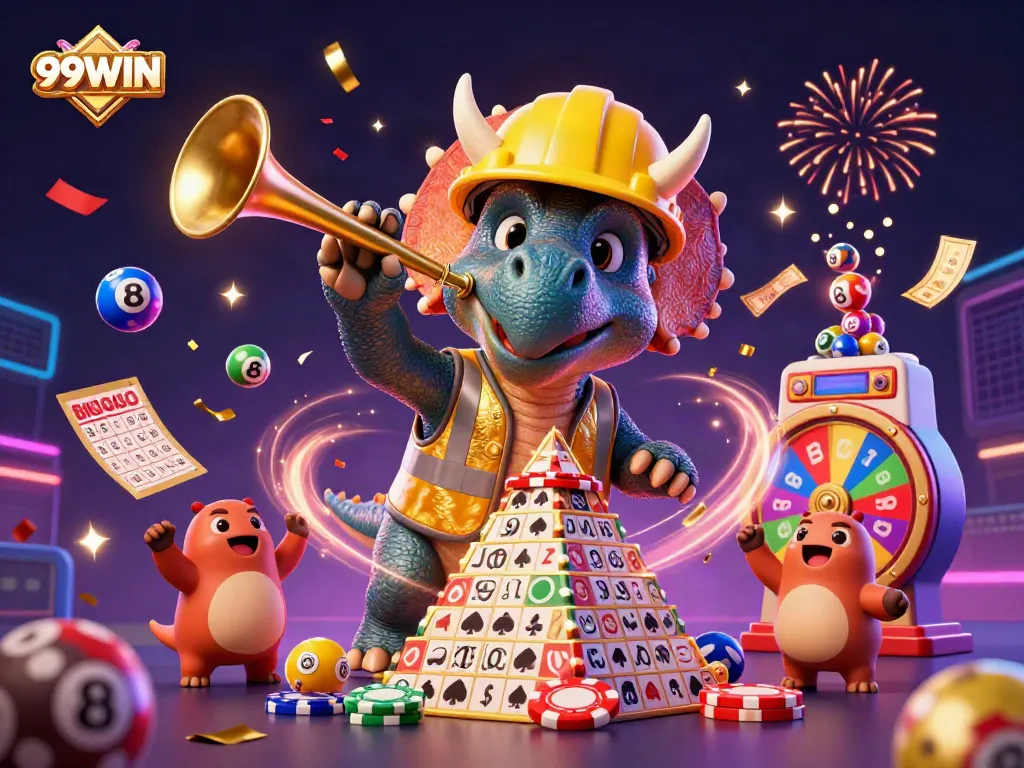 Celebrate with 99WIN as the triceratops builds a poker chip pyramid amidst dynamic lottery elements and confetti.