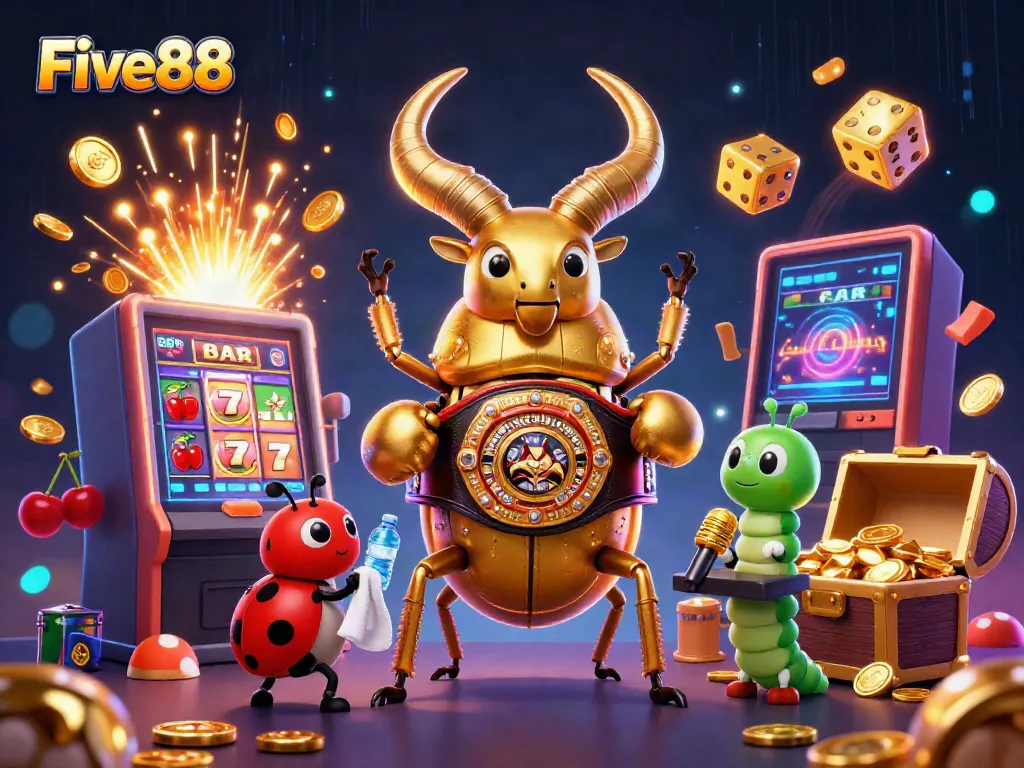 Experience the excitement of Five88 with a giant beetle in a boxing belt at a vibrant casino scene.