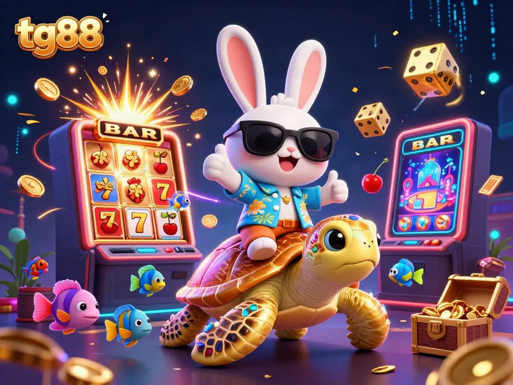 Experience the excitement at tg88 with a lucky rabbit and golden sea turtle in a vibrant casino scene.