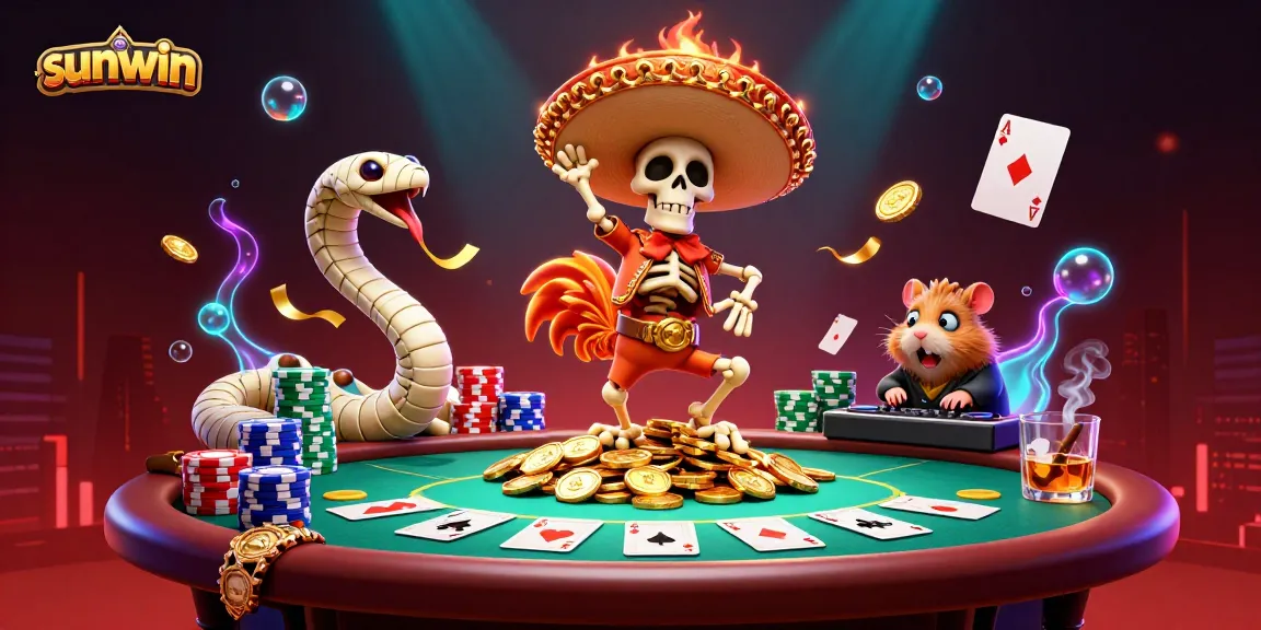Engage in playful victory with Sunwin's vibrant casino characters amid dynamic poker elements.