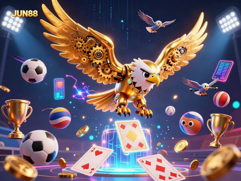 JUN88 delivers thrilling casino action with a dynamic scene featuring a golden eagle and sports elements.