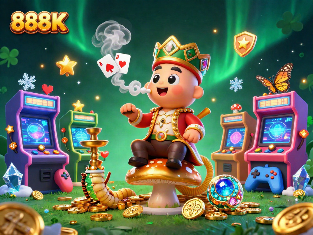 Engage with 888K's vibrant casino adventure featuring a dynamic 3D illustration of colorful gaming elements.