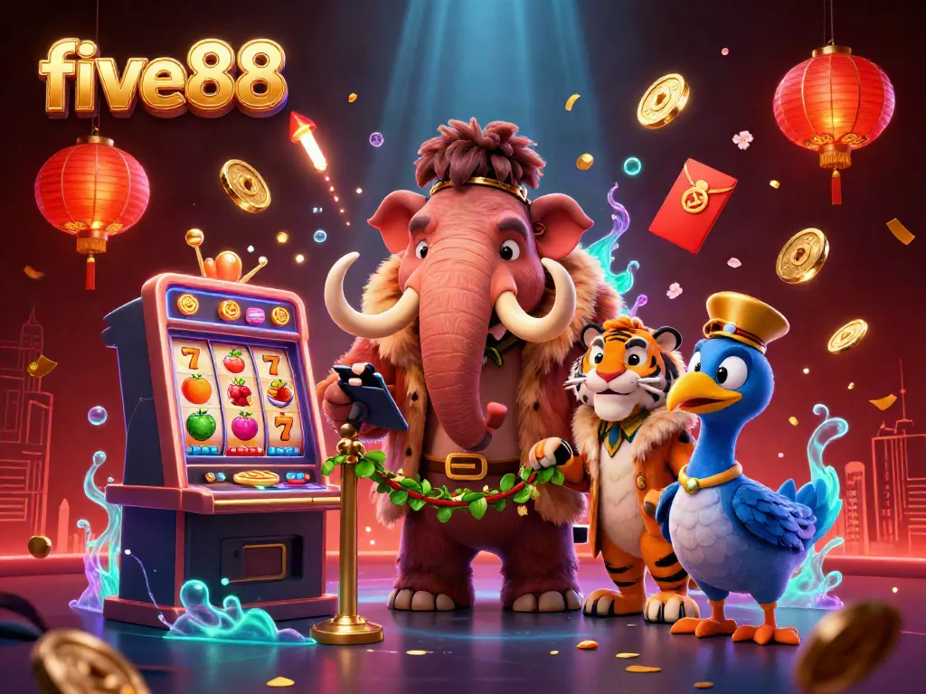 Experience the adventure of five88 with exciting casino elements and characters in this vibrant digital illustration.