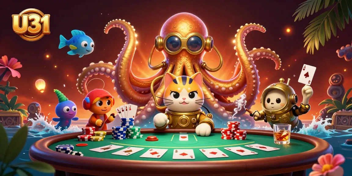 Experience the excitement of U31 with a kraken and diving cat at a vibrant casino scene.