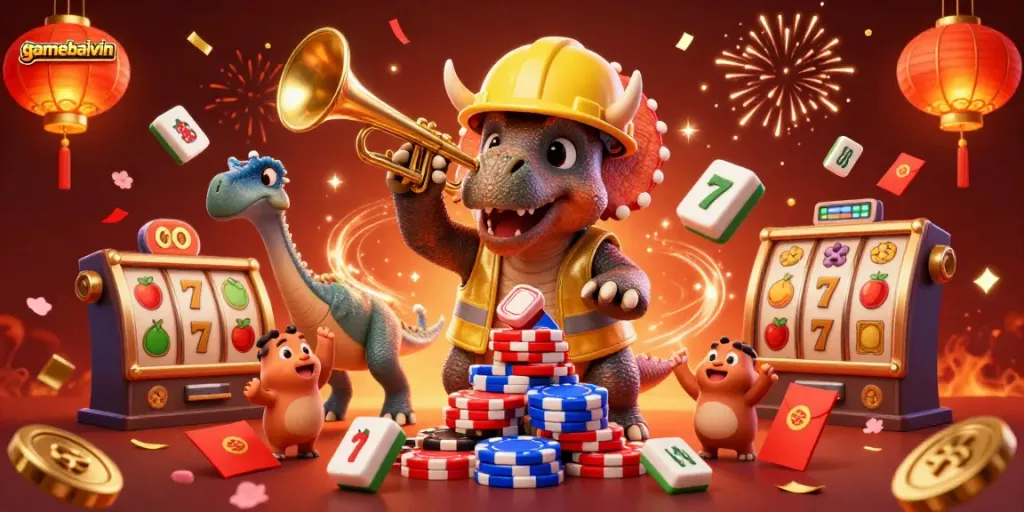 Experience gamebaivin excitement with a vibrant 3D casino scene featuring cheerful dinosaur characters.
