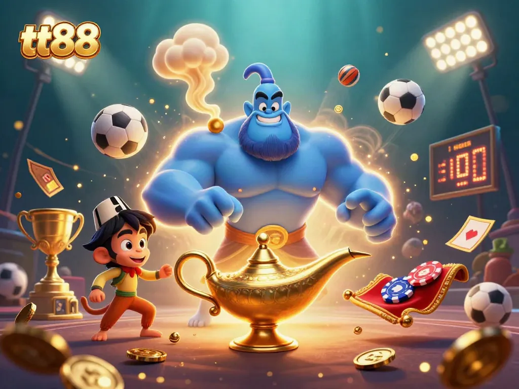 Bet on excitement with tt88, a vibrant scene featuring a genie, monkey, and sports elements.
