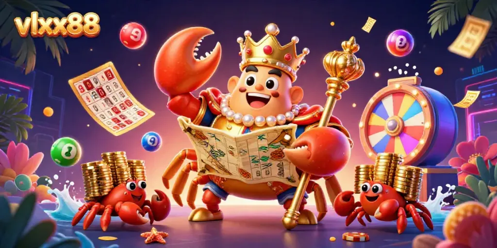 Experience gambling excitement with vlxx88's vibrant 3D casino scene featuring a golden crab emperor.