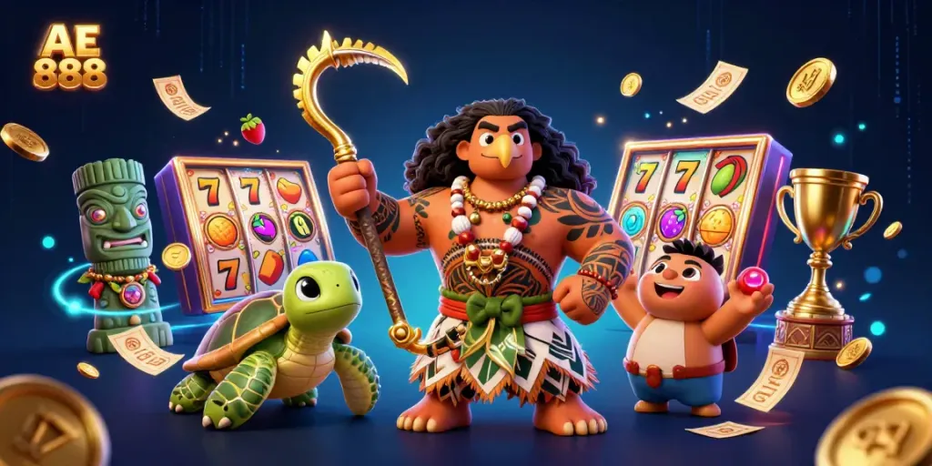 Experience the excitement of AE 888 slots with vibrant characters and dynamic casino elements.