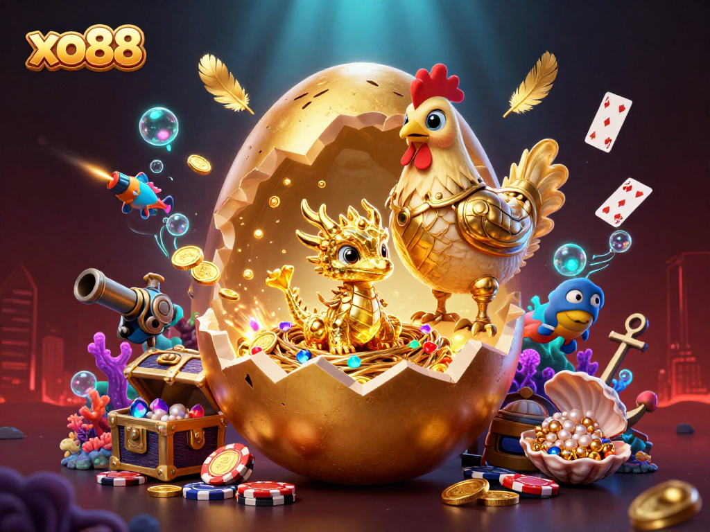 Join the excitement at xo88's casino with a golden dragon and poker chips, immersed in a vibrant gaming scene.