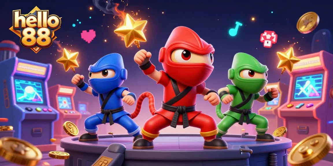 Experience the thrill of hello 88 with a vibrant cartoon chameleon ninja team surrounded by dynamic gaming elements.