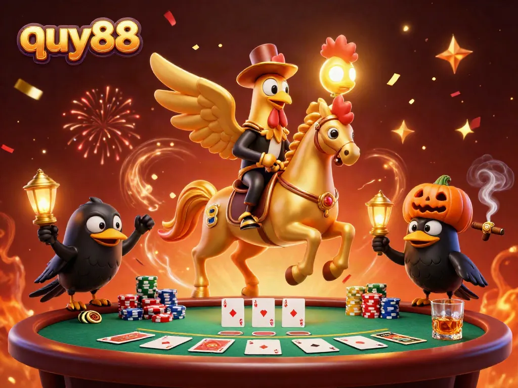 Engage with quy88's thrilling casino experience featuring a golden rooster in an elaborate 3D scene.