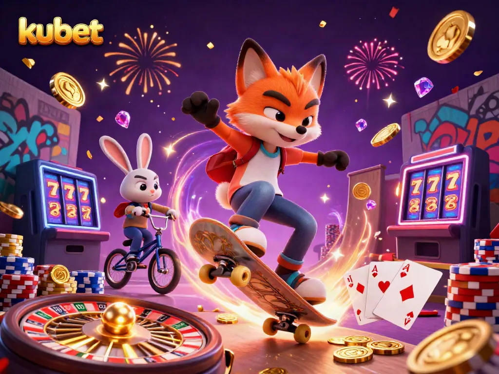Kubet showcases an exciting scene with a cartoon fox skateboarder and a rabbit over golden poker chips, symbolizing gambling fun and excitement.