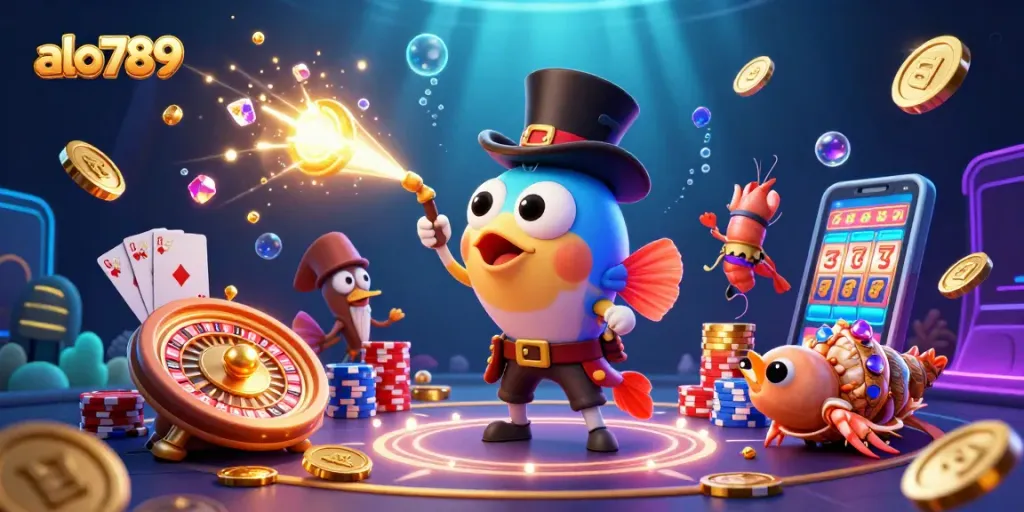 Capture golden coins and spin to win with alo789's vibrant casino scene featuring 3D animated characters.