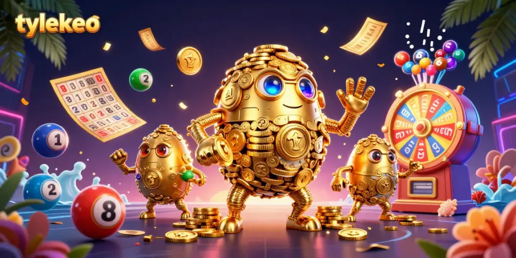 Engage in thrilling betting with tylekeo, showcasing a dynamic scene of gold, lottery balls, and casino excitement.