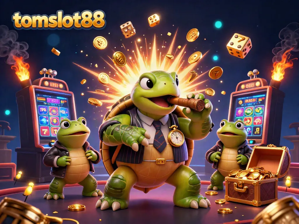 Experience the vibrant excitement of tomslot88 with a dynamic 3D casino scene featuring lively characters and jackpot elements.