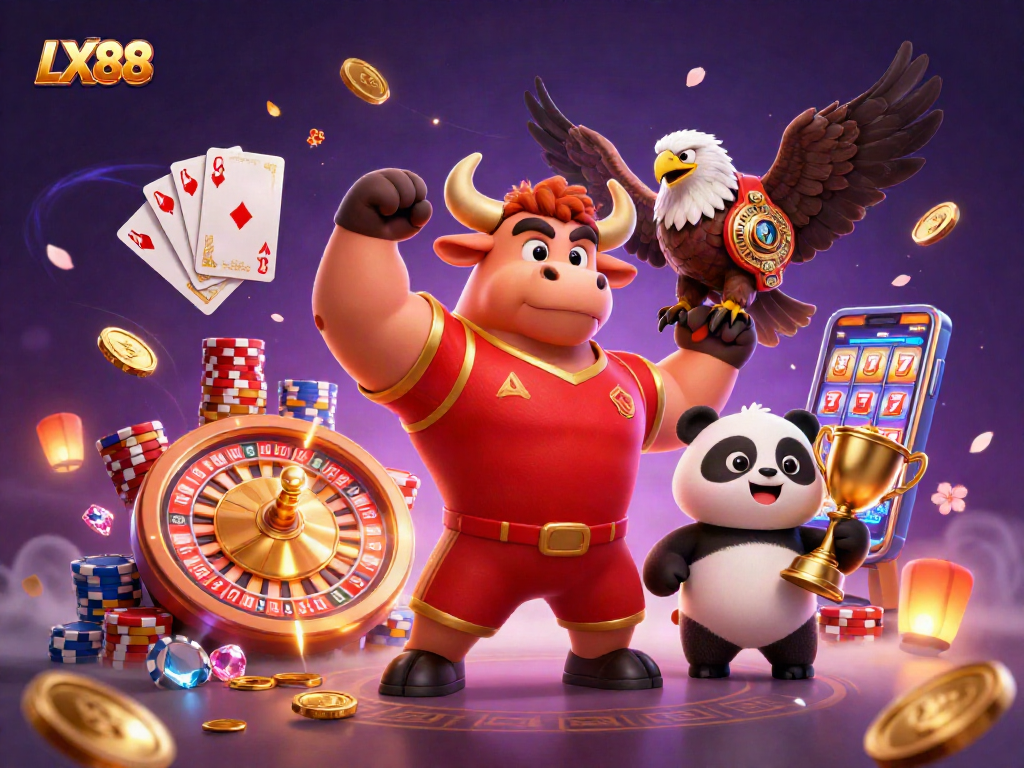 Experience the excitement of LX88 with a vibrant 3D casino illustration featuring winning game elements.