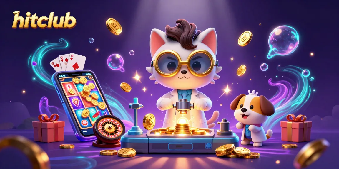 Hitclub illustrates a dynamic casino adventure with slot games and golden rewards in a captivating scene.