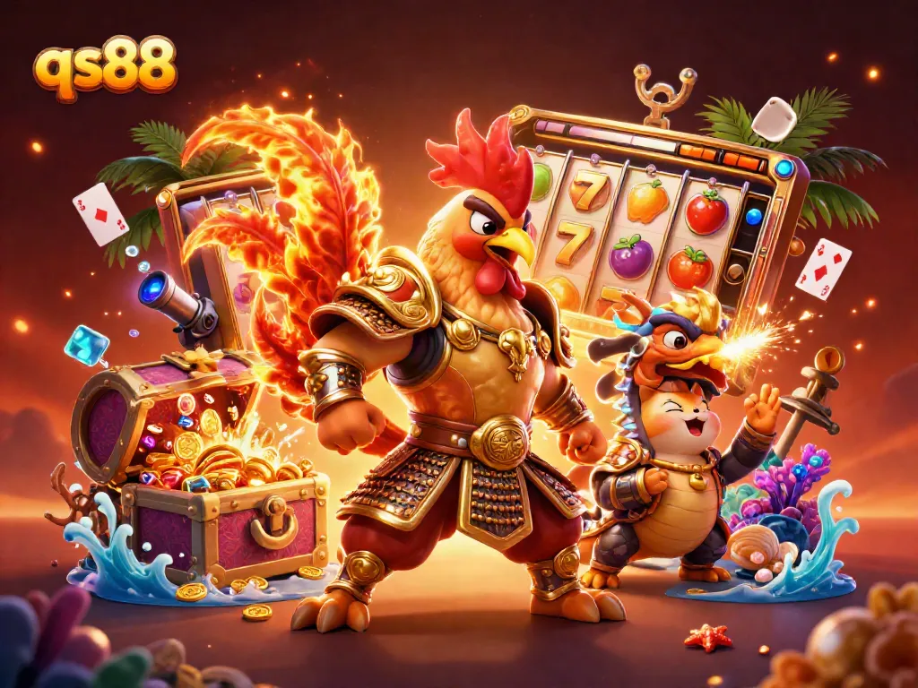 qs88 slots scene featuring a fighting rooster and dragon, bursting with golden coins and gems