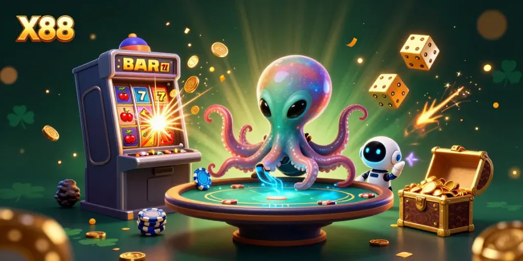 X88 showcases an alien octopus operating a floating poker table amidst casino elements in a vibrant illustration.