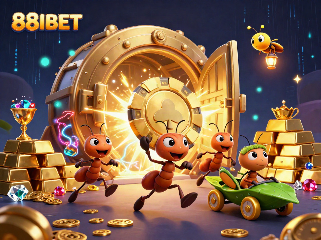 Experience thrilling adventures with 88IBET as cartoon ants steal a giant poker chip in a vibrant casino heist.