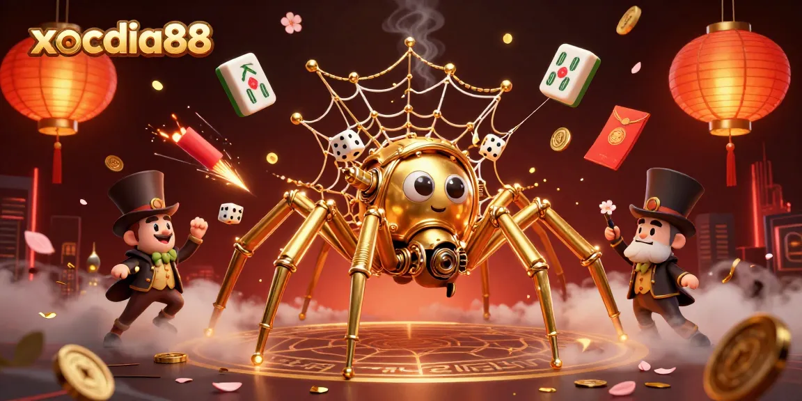xocdia88 showcases a dynamic casino scene with a steampunk spider and gambling elements.