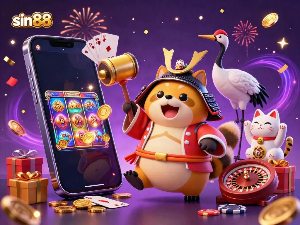 Experience thrills with sin88 as a cheerful tanuki and friends celebrate gaming in a vibrant 3D illustration.
