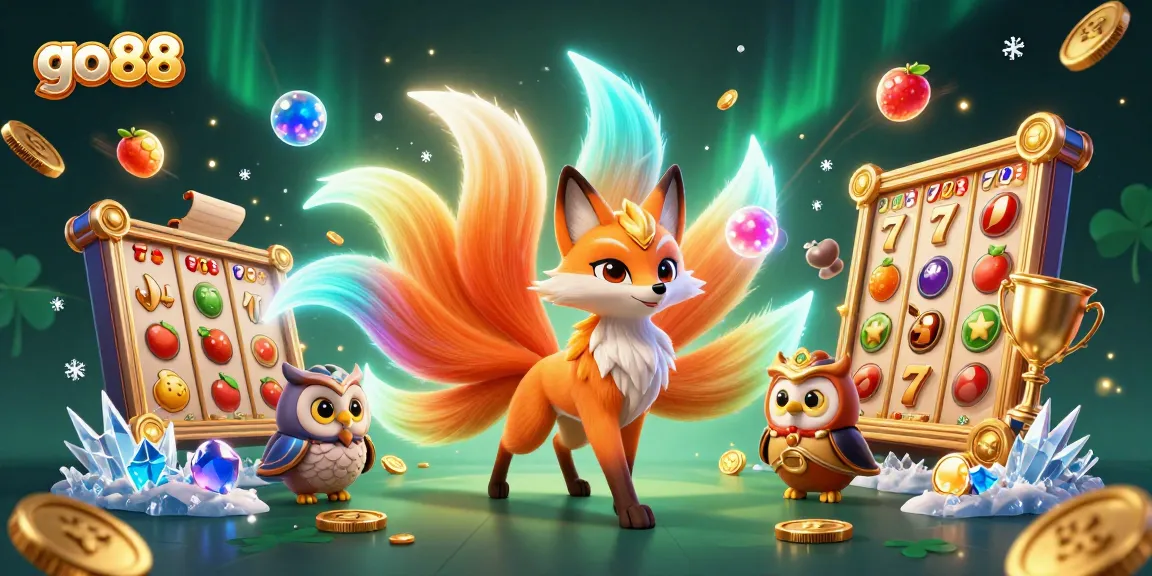 Experience thrilling wins at go88 with a vibrant 3D illustration featuring a colorful fox spirit and classic casino elements.