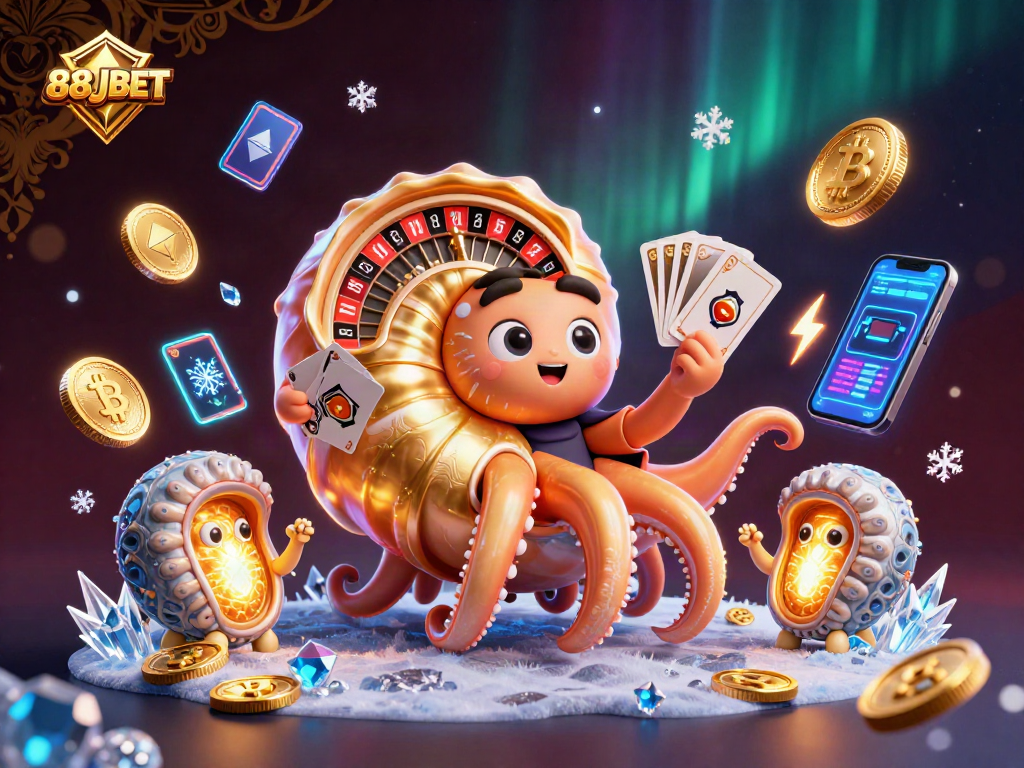 Engage in thrilling gameplay with 88JBET as a giant nautilus roulette wheel spins surrounded by crypto elements.