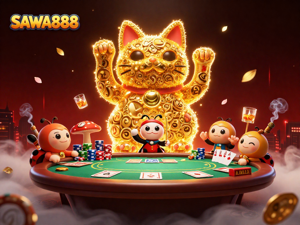 Engage with SAWA888's vibrant casino magic featuring a golden lucky cat and poker elements.