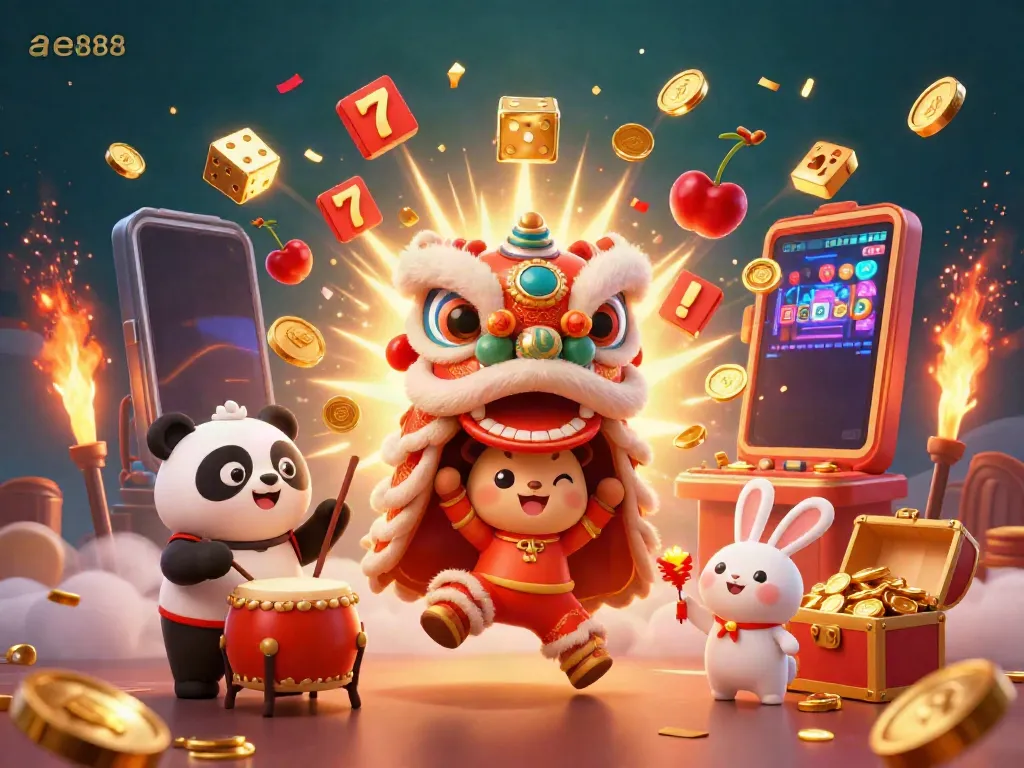 Win big with ae888 in this vibrant illustration of a festive casino scene showcasing a lively lion dance, slot machine, and gaming elements.