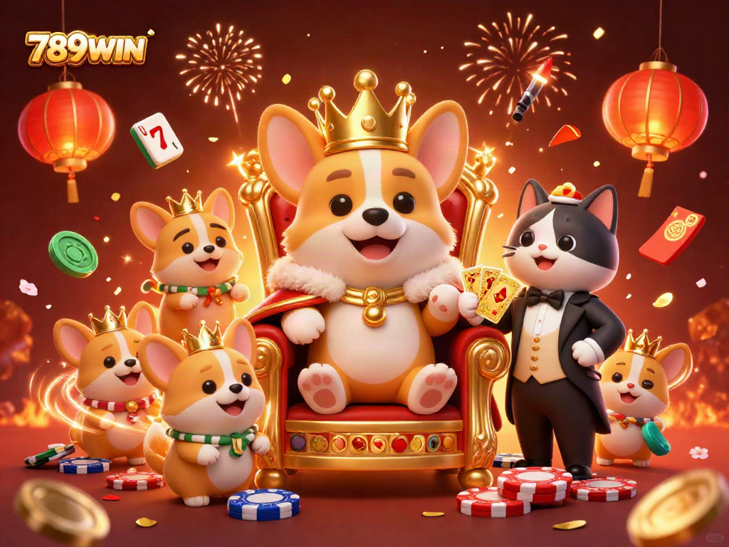 Experience the vibrant allure of 789WIN with a royal corgi ruler and thrilling slot symbols.