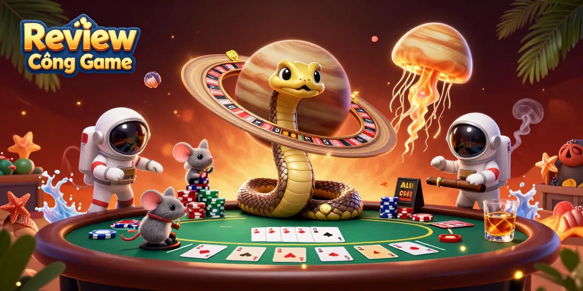Experience the excitement of Review Cổng Game with vibrant poker action and cosmic elements in a richly detailed scene.