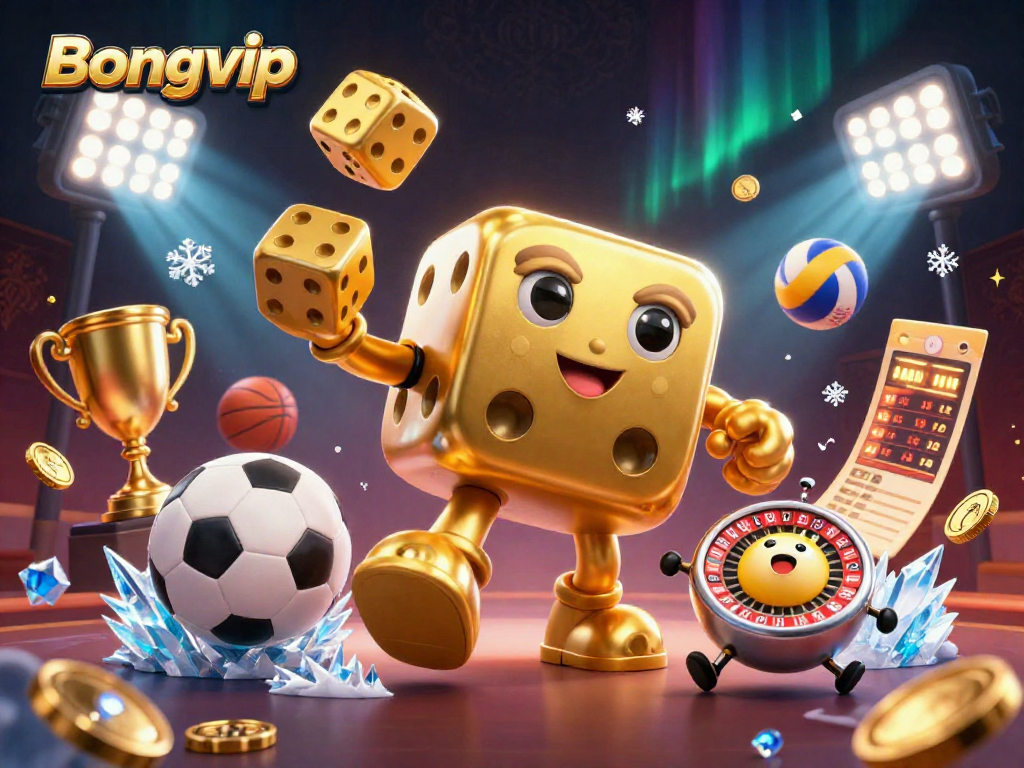 Bongvip showcases a vibrant casino scene with a golden dice golem, juggling dice, energetic sports elements, and dynamic visuals.