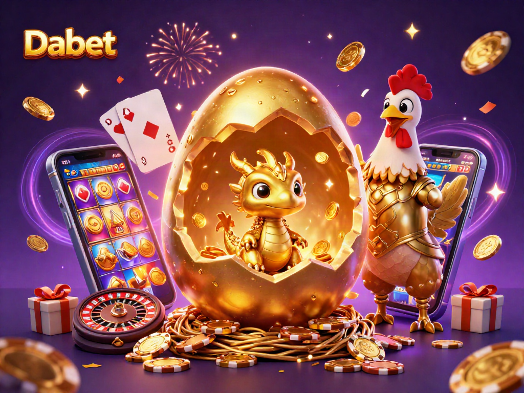 Dabet showcases a baby dragon on poker chips amidst casino elements, with vibrant gaming action.