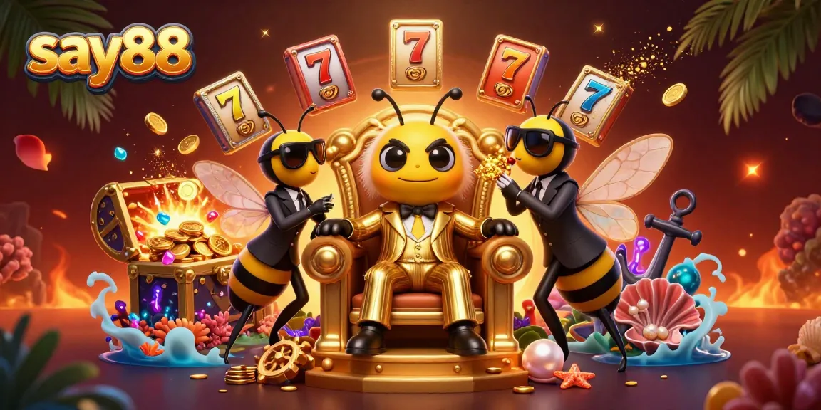 Experience exciting gameplay with say88 as a vibrant bee mob boss presides over a casino landscape.