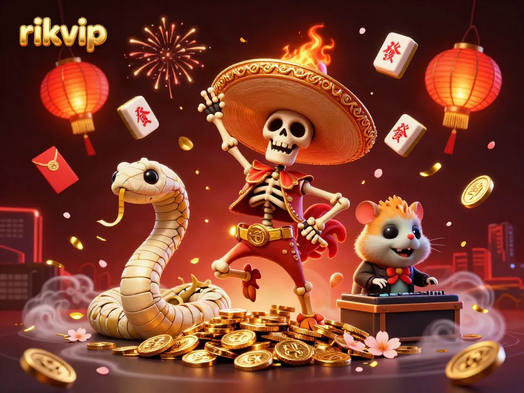 Engage in thrilling adventures at rikvip with lively 3D characters celebrating amidst exciting casino elements.