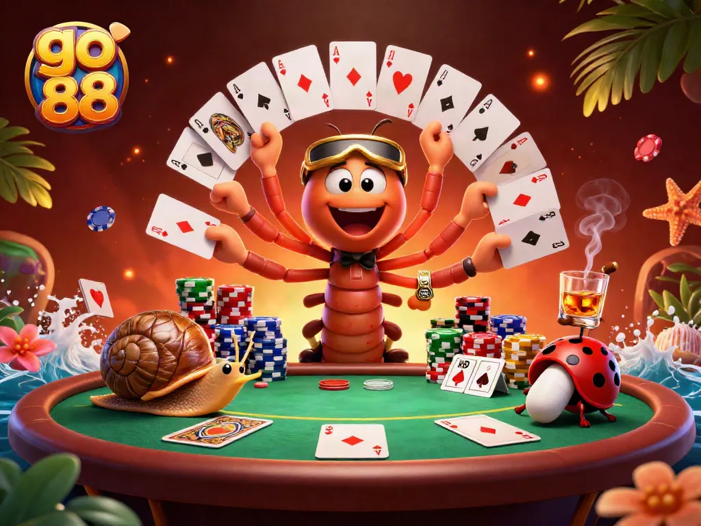Trận đấu go 88 vui vẻ với người chia bài là con rết, các quân bài poker và chồng chip màu sắc